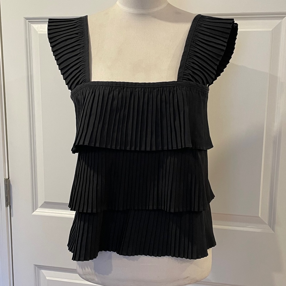 J Crew black tiered pleated ruffled tank top S M